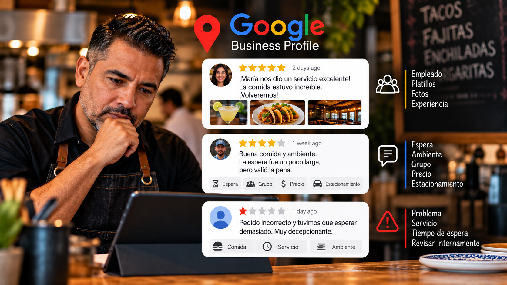 Análisis de reseñas de Google para restaurantes: comentarios sobre comida, servicio, empleados y experiencia del cliente.