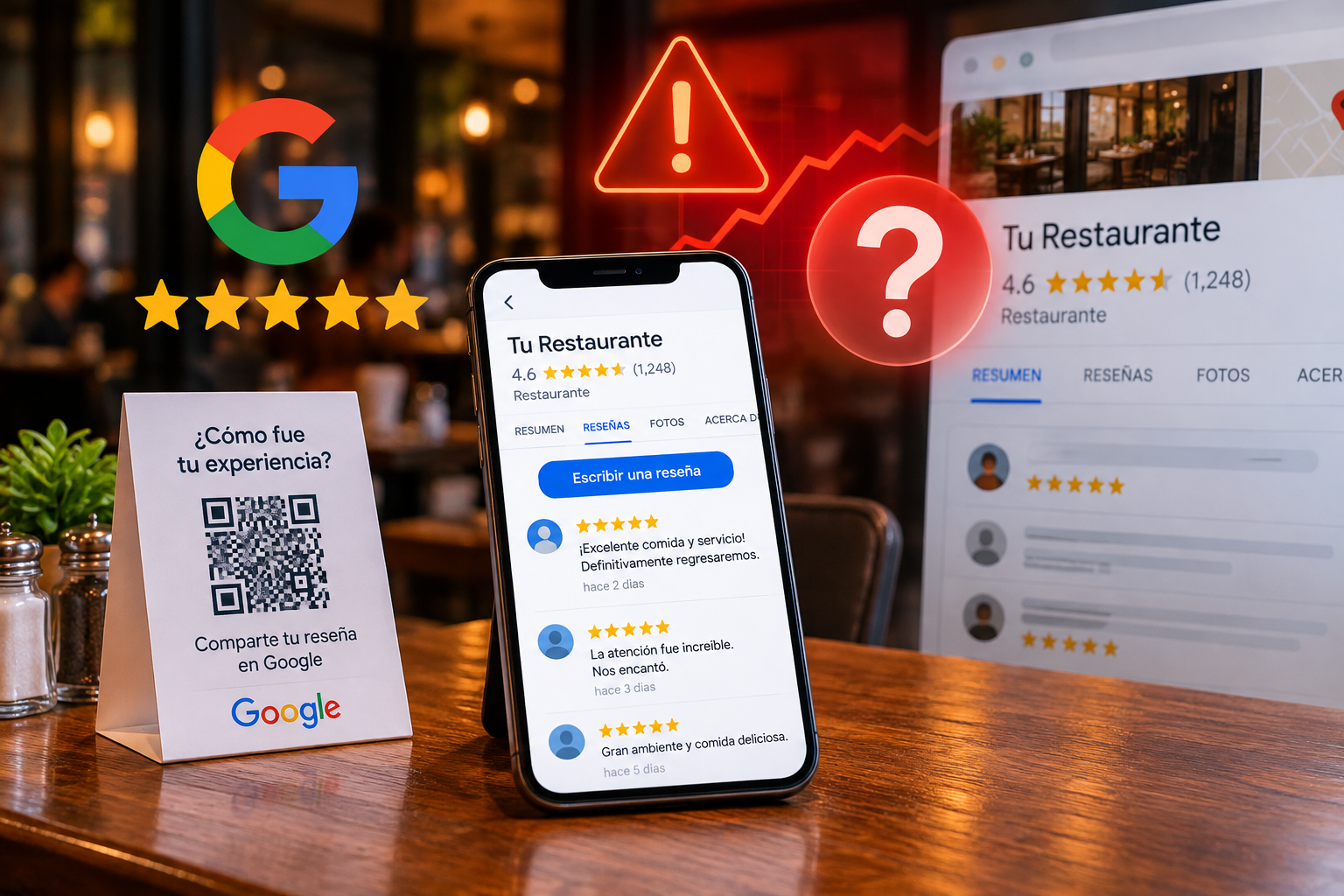 Reseñas de Google en un restaurante con código QR, calificaciones de clientes y símbolos de advertencia sobre posibles penalizaciones.